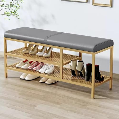 WXQZHF 2 Tier Shoe Storage Bench Organizer with PU Leather Cushioned and Metal Legs, Upholstered Shoe Rack for Entryway Hallway(Gray,60 x 32 x 47 cm) von WXQZHF