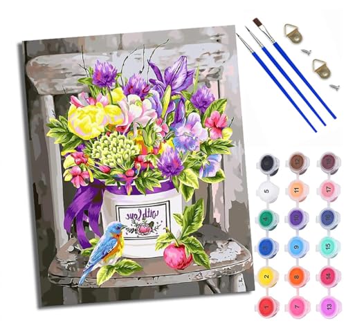 Malen Nach Zahlen DIY auf Leinwand Kit für Anfänger Blumen und Vögel auf dem Stuhl Mit Acryl Farben und Premium Pinsel 40x50CM Home Deko oder Geburtstag Weihnachten Geschenk von WXRWANG