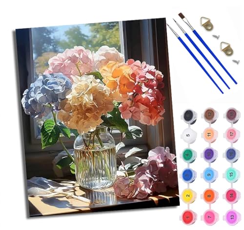Malen Nach Zahlen DIY auf Leinwand Kit für Anfänger Bunte Blumen am sonnigen Fenster Mit Acryl Farben und Premium Pinsel 40x50CM Home Deko oder Geburtstag Weihnachten Geschenk von WXRWANG
