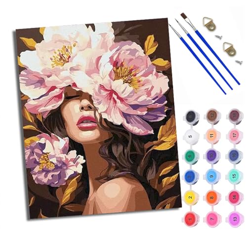 Malen Nach Zahlen DIY auf Leinwand Kit für Anfänger Frau in Blumen Mit Acryl Farben und Premium Pinsel 40x50CM Home Deko oder Geburtstag Weihnachten Geschenk von WXRWANG