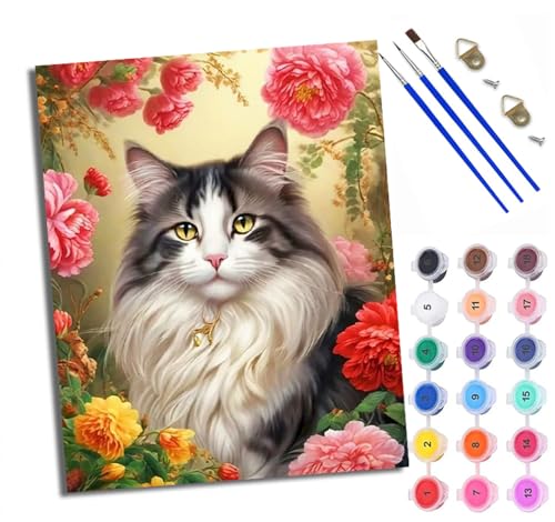 Malen Nach Zahlen DIY auf Leinwand Kit für Anfänger Katze in den Blumen Mit Acryl Farben und Premium Pinsel 40x50CM Home Deko oder Geburtstag Weihnachten Geschenk von WXRWANG