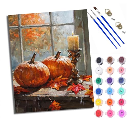 Malen Nach Zahlen DIY auf Leinwand Kit für Anfänger Kürbisse und Kerzen Mit Acryl Farben und Premium Pinsel 40x50CM Home Deko oder Geburtstag Weihnachten Geschenk von WXRWANG