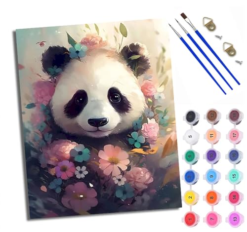 Malen Nach Zahlen DIY auf Leinwand Kit für Anfänger Panda in den Blumen Mit Acryl Farben und Premium Pinsel 40x50CM Home Deko oder Geburtstag Weihnachten Geschenk von WXRWANG