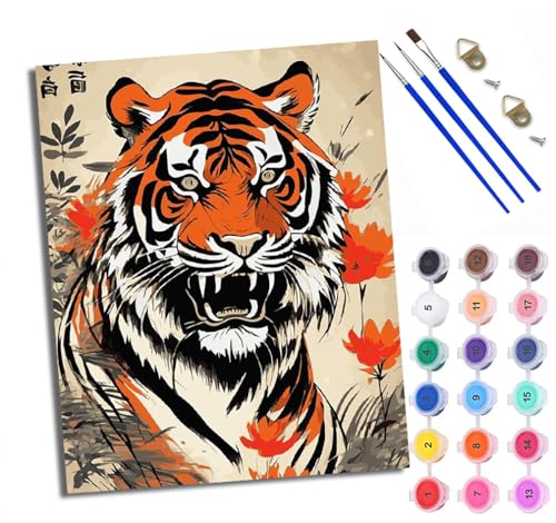 Malen Nach Zahlen DIY auf Leinwand Kit für Anfänger Tiger in den Blumen Mit Acryl Farben und Premium Pinsel 40x50CM Home Deko oder Geburtstag Weihnachten Geschenk von WXRWANG