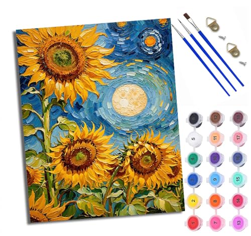 Malen Nach Zahlen Erwachsene Paint by Numbers Malen Nach Zahlen mit Pinseln und Acrylfarben Abstrakte Mondlicht-Sonnenblume Handgemalte Ölgemälde Leinwand für Home Décor Mit Rahmen von WXRWANG