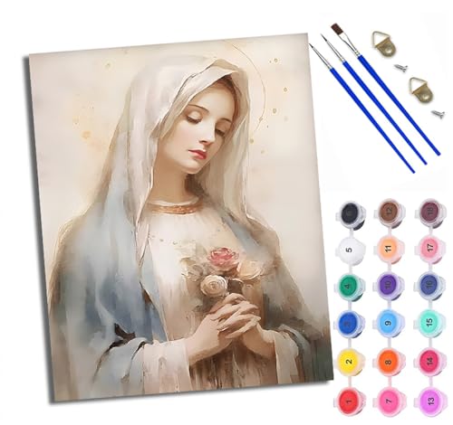 Malen Nach Zahlen Erwachsene Paint by Numbers Malen Nach Zahlen mit Pinseln und Acrylfarben Bild der Jungfrau Maria mit Blumen Handgemalte Ölgemälde Leinwand für Home Décor Ohne Rahmen von WXRWANG