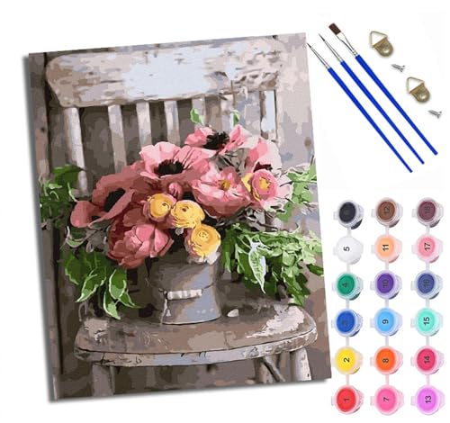 Malen Nach Zahlen Erwachsene Paint by Numbers Malen Nach Zahlen mit Pinseln und Acrylfarben Blumen auf dem Stuhl Handgemalte Ölgemälde Leinwand für Home Décor Ohne Rahmen von WXRWANG