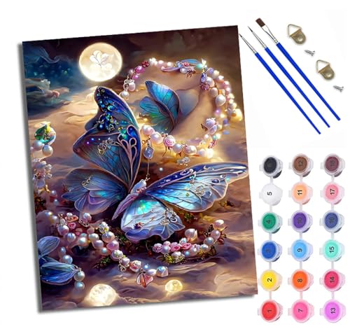 Malen Nach Zahlen Erwachsene Paint by Numbers Malen Nach Zahlen mit Pinseln und Acrylfarben Bunter Perlen-Schmetterlingsmond Handgemalte Ölgemälde Leinwand für Home Décor Mit Rahmen von WXRWANG