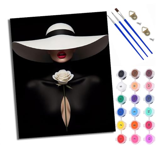 Malen Nach Zahlen Erwachsene Paint by Numbers Malen Nach Zahlen mit Pinseln und Acrylfarben Elegante Frau mit Hut Handgemalte Ölgemälde Leinwand für Home Décor Mit Rahmen von WXRWANG