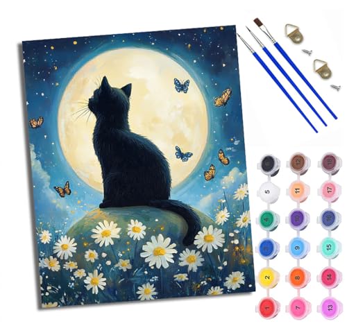 Malen Nach Zahlen Erwachsene Paint by Numbers Malen Nach Zahlen mit Pinseln und Acrylfarben Gänseblümchen Blumen Schwarze Katze Mond Handgemalte Ölgemälde Leinwand für Home Décor Mit Rahmen Malen Nach Zahlen Erwachsene Paint by Numbers Malen Nach Zahlen mit Pinseln und Acrylfarben Gänseblümchen Blumen Schwarze Katze Mond Handgemalte Ölgemälde Leinwand für Home Décor Mit Rahmen von WXRWANG