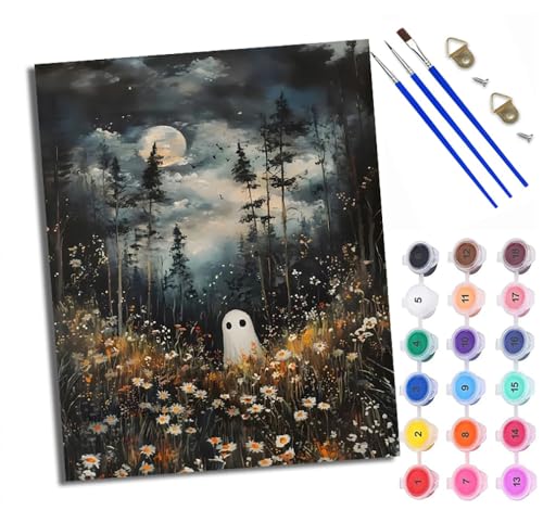 Malen Nach Zahlen Erwachsene Paint by Numbers Malen Nach Zahlen mit Pinseln und Acrylfarben Geist in den Blumen in einer mondhellen Nacht Handgemalte Ölgemälde Leinwand für Home Décor Ohne Rahmen von WXRWANG