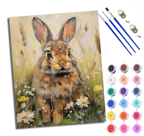Malen Nach Zahlen Erwachsene Paint by Numbers Malen Nach Zahlen mit Pinseln und Acrylfarben Kaninchen in den Blumen Handgemalte Ölgemälde Leinwand für Home Décor Ohne Rahmen von WXRWANG
