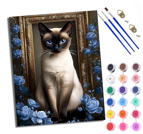 Malen Nach Zahlen Erwachsene Paint by Numbers Malen Nach Zahlen mit Pinseln und Acrylfarben Katze umgeben von blauen Blumen Handgemalte Ölgemälde Leinwand für Home Décor Ohne Rahmen von WXRWANG