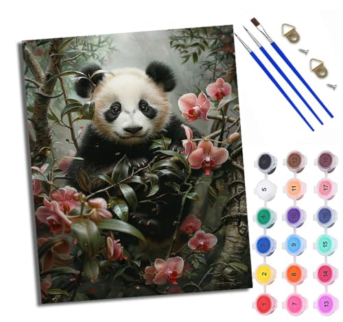 Malen Nach Zahlen Erwachsene Paint by Numbers Malen Nach Zahlen mit Pinseln und Acrylfarben Panda in den Blumen Handgemalte Ölgemälde Leinwand für Home Décor Ohne Rahmen von WXRWANG
