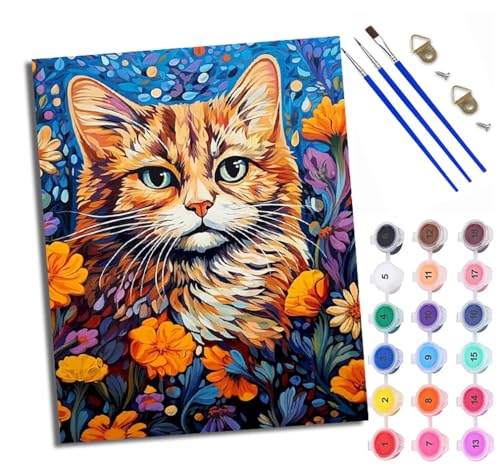 Malen Nach Zahlen Erwachsene Paint by Numbers Malen Nach Zahlen mit Pinseln und Acrylfarben Süßes Kätzchen in Blumen Handgemalte Ölgemälde Leinwand für Home Décor Mit Rahmen von WXRWANG