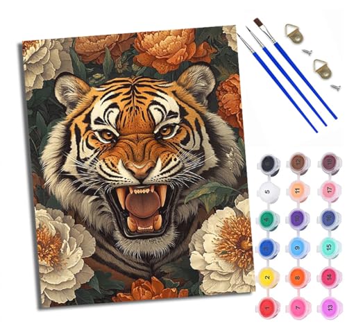 Malen Nach Zahlen Erwachsene Paint by Numbers Malen Nach Zahlen mit Pinseln und Acrylfarben Tiger zwischen Blumen Handgemalte Ölgemälde Leinwand für Home Décor Ohne Rahmen von WXRWANG