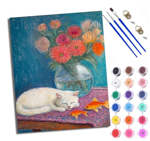 Malen Nach Zahlen Erwachsene Paint by Numbers Malen Nach Zahlen mit Pinseln und Acrylfarben Weiße Katze und Goldfisch in Vase Handgemalte Ölgemälde Leinwand für Home Décor Mit Rahmen Malen Nach Zahlen Erwachsene Paint by Numbers Malen Nach Zahlen mit Pinseln und Acrylfarben Weiße Katze und Goldfisch in Vase Handgemalte Ölgemälde Leinwand für Home Décor Mit Rahmen von WXRWANG