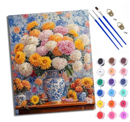 Malen Nach Zahlen Für Erwachsene Blumen in einer blau-weißen Porzellanvase Malen Nach Zahlen Erwachsene Malen Nach Zahlen DIY Malen-Nach-Zahlen Kits Rahmenlose Leinwand Mit 3 Pinseln - 16 * 20 Zoll von WXRWANG