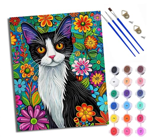 Malen Nach Zahlen Für Erwachsene Katze in den Blumen Malen Nach Zahlen Erwachsene Malen Nach Zahlen DIY Malen-Nach-Zahlen Kits Rahmenlose Leinwand Mit 3 Pinseln - 16 * 20 Zoll von WXRWANG