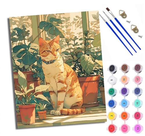 Malen Nach Zahlen Für Erwachsene Orange Katze in Pflanzen Malen Nach Zahlen Erwachsene Malen Nach Zahlen DIY Malen-Nach-Zahlen Kits Rahmenlose Leinwand Mit 3 Pinseln - 16 * 20 Zoll von WXRWANG
