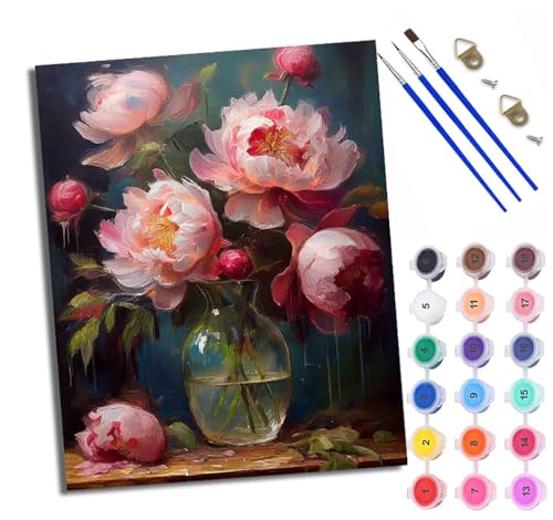 Malen Nach Zahlen Für Erwachsene Rosa Blumen in einer Vase Malen Nach Zahlen Erwachsene Malen Nach Zahlen DIY Malen-Nach-Zahlen Kits Rahmenlose Leinwand Mit 3 Pinseln - 16 * 20 Zoll von WXRWANG