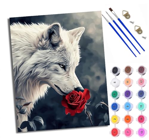 Malen Nach Zahlen Für Erwachsene Rote Rose und Wolf Malen Nach Zahlen Erwachsene Malen Nach Zahlen DIY Malen-Nach-Zahlen Kits Mit 3 Pinseln - 16 * 20 Zoll Mit Rahmen von WXRWANG