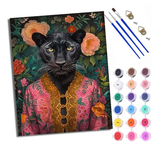 Malen Nach Zahlen Für Erwachsene Schwarzer Panther in den Blumen Malen Nach Zahlen Erwachsene Malen Nach Zahlen DIY Malen-Nach-Zahlen Kits Rahmenlose Leinwand Mit 3 Pinseln - 16 * 20 Zoll von WXRWANG