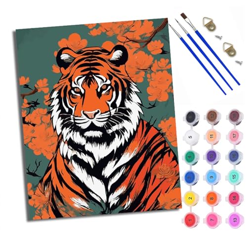 Malen Nach Zahlen Für Erwachsene Tiger in den Blumen Malen Nach Zahlen Erwachsene Malen Nach Zahlen DIY Malen-Nach-Zahlen Kits Rahmenlose Leinwand Mit 3 Pinseln - 16 * 20 Zoll von WXRWANG