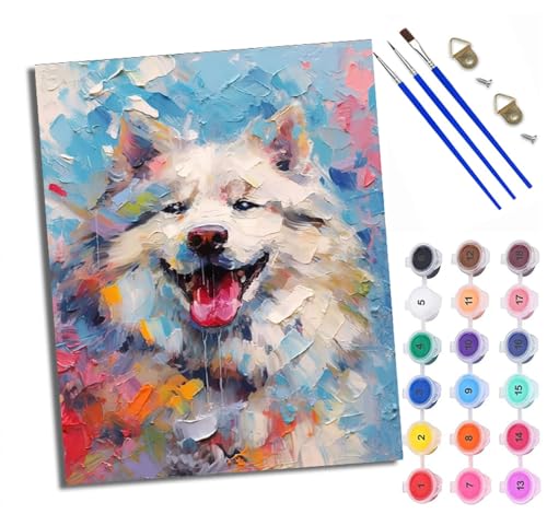 Malen nach Zahlen Erwachsene Malsets für Erwachsene mit PinselnAlaskan Hund süß Malen nach Zahlen auf Leinwand Acryl Pigment Kunsthandwerk 40 x 50 cm(Mit Rahmen) von WXRWANG