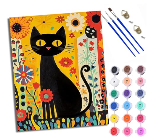 Malen nach Zahlen Erwachsene Malsets für Erwachsene mit PinselnBlumen-Cartoon-Katze Malen nach Zahlen auf Leinwand Acryl Pigment Kunsthandwerk 40 x 50 cm(Mit Rahmen) von WXRWANG