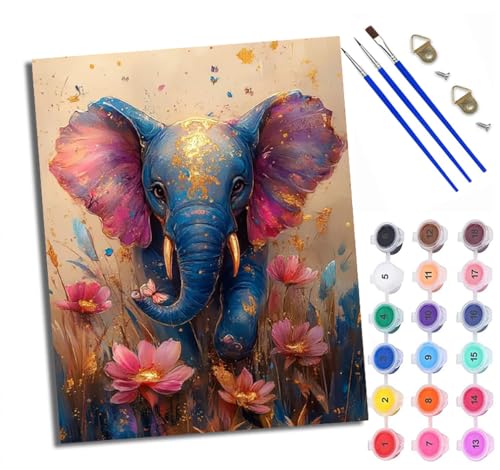 Malen nach Zahlen Erwachsene Malsets für Erwachsene mit PinselnBlumenfarbener Elefant Malen nach Zahlen auf Leinwand Acryl Pigment Kunsthandwerk 40 x 50 cm(Mit Rahmen) von WXRWANG