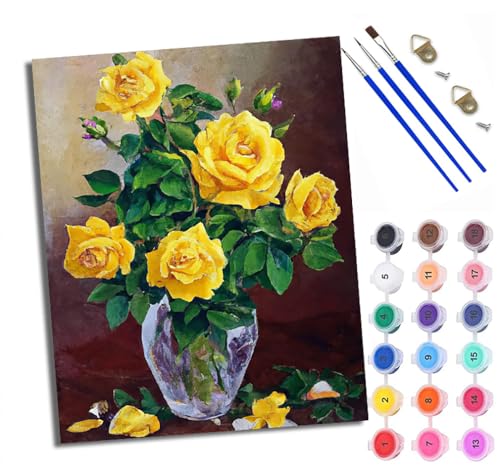 Malen nach Zahlen Erwachsene Malsets für Erwachsene mit PinselnBunte Blumen in der Vase Malen nach Zahlen auf Leinwand Acryl Pigment Kunsthandwerk 40 x 50 cm(Mit Rahmen) von WXRWANG
