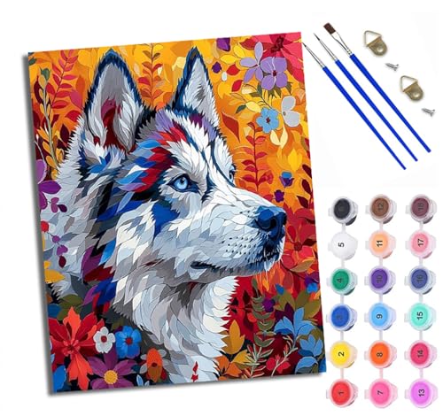 Malen nach Zahlen Erwachsene Malsets für Erwachsene mit PinselnBunter Hund in den Blumen Malen nach Zahlen auf Leinwand Acryl Pigment Kunsthandwerk 40 x 50 cm(rahmenlos) von WXRWANG