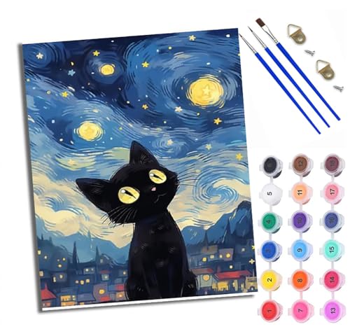 Malen nach Zahlen Erwachsene Malsets für Erwachsene mit PinselnCartoon Katze Mond Himmel Malen nach Zahlen auf Leinwand Acryl Pigment Kunsthandwerk 40 x 50 cm(Mit Rahmen) von WXRWANG
