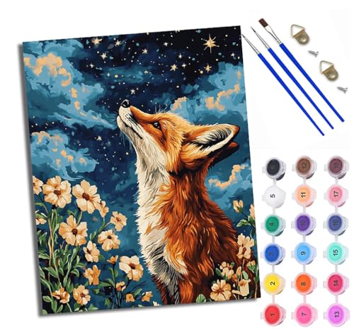 Malen nach Zahlen Erwachsene Malsets für Erwachsene mit PinselnFuchs im Himmel mit Blumen Malen nach Zahlen auf Leinwand Acryl Pigment Kunsthandwerk 40 x 50 cm(Mit Rahmen) von WXRWANG