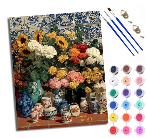 Malen nach Zahlen Erwachsene Malsets für Erwachsene mit PinselnKombination aus Blumen und Porzellanvase Malen nach Zahlen auf Leinwand Acryl Pigment Kunsthandwerk 40 x 50 cm(rahmenlos) von WXRWANG
