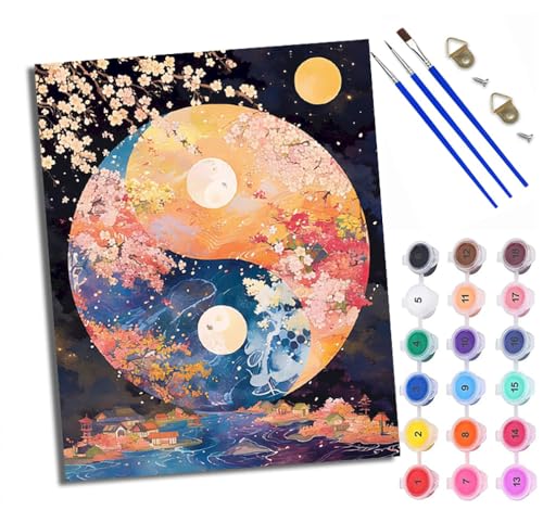 Malen nach Zahlen Erwachsene Malsets für Erwachsene mit PinselnMondlicht Blume Yin Yang Malen nach Zahlen auf Leinwand Acryl Pigment Kunsthandwerk 40 x 50 cm(rahmenlos) von WXRWANG