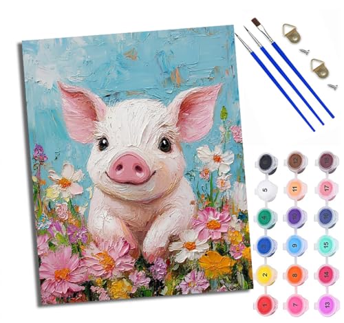 Malen nach Zahlen Erwachsene Malsets für Erwachsene mit PinselnRosa Schwein in den Blumen Malen nach Zahlen auf Leinwand Acryl Pigment Kunsthandwerk 40 x 50 cm(Mit Rahmen) von WXRWANG