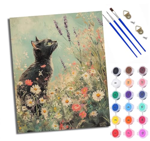Malen nach Zahlen Erwachsene Malsets für Erwachsene mit PinselnSüße schwarze Katze in Blumen Malen nach Zahlen auf Leinwand Acryl Pigment Kunsthandwerk 40 x 50 cm(Mit Rahmen) von WXRWANG