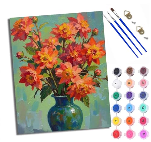 Malen nach Zahlen Erwachsene Malsets für Erwachsene mit PinselnVase mit orangefarbenen Blumen Malen nach Zahlen auf Leinwand Acryl Pigment Kunsthandwerk 40 x 50 cm(Mit Rahmen) von WXRWANG