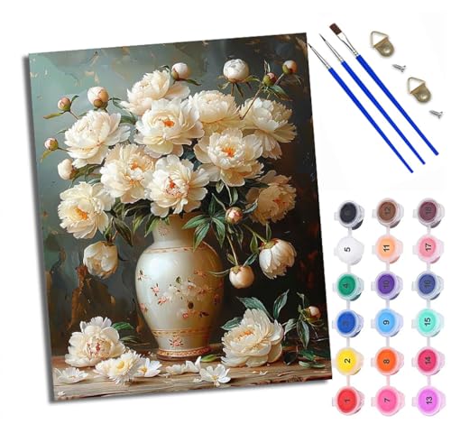 Malen nach Zahlen Erwachsene Malsets für Erwachsene mit PinselnWeiße Blumen in der Vase Malen nach Zahlen auf Leinwand Acryl Pigment Kunsthandwerk 40 x 50 cm(Mit Rahmen) von WXRWANG