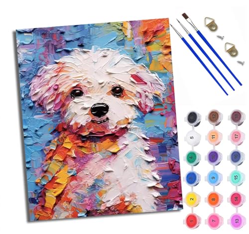 WXRWANG Malen Nach Zahlen Erwachsene Paint by Numbers Malen Nach Zahlen mit Pinseln und Acrylfarben Bichon Frise trägt einen Schal Handgemalte Ölgemälde Leinwand für Home Décor Ohne Rahmen von WXRWANG