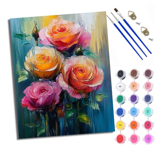 WXRWANG Malen Nach Zahlen Erwachsene Paint by Numbers Malen Nach Zahlen mit Pinseln und Acrylfarben Blumen Rose Farbe Handgemalte Ölgemälde Leinwand für Home Décor Ohne Rahmen von WXRWANG