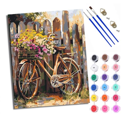 WXRWANG Malen Nach Zahlen Erwachsene Paint by Numbers Malen Nach Zahlen mit Pinseln und Acrylfarben Blumenfahrrad Handgemalte Ölgemälde Leinwand für Home Décor Ohne Rahmen von WXRWANG