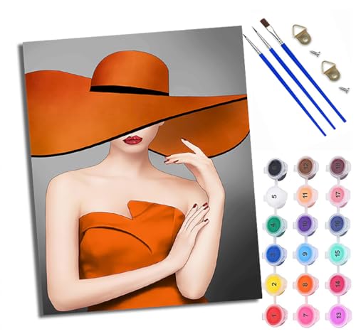 WXRWANG Malen Nach Zahlen Erwachsene Paint by Numbers Malen Nach Zahlen mit Pinseln und Acrylfarben Elegante Frau mit Hut Handgemalte Ölgemälde Leinwand für Home Décor Ohne Rahmen von WXRWANG