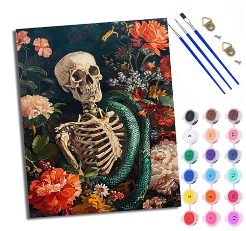 WXRWANG Malen Nach Zahlen Erwachsene Paint by Numbers Malen Nach Zahlen mit Pinseln und Acrylfarben Grünes Schlangenskelett in den Blumen Handgemalte Ölgemälde Leinwand für Home Décor Ohne Rahmen von WXRWANG