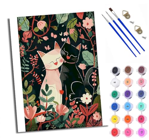WXRWANG Malen Nach Zahlen Erwachsene Paint by Numbers Malen Nach Zahlen mit Pinseln und Acrylfarben Paar Katze Blumen Handgemalte Ölgemälde Leinwand für Home Décor Ohne Rahmen von WXRWANG