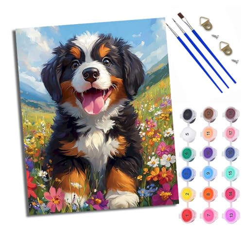WXRWANG Malen Nach Zahlen Erwachsene Paint by Numbers Malen Nach Zahlen mit Pinseln und Acrylfarben Prärieblumen Welpe Handgemalte Ölgemälde Leinwand für Home Décor Ohne Rahmen von WXRWANG