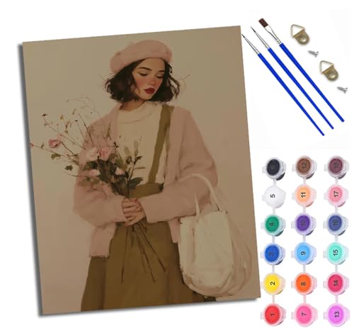 WXRWANG Malen Nach Zahlen ErwachseneFrau mit Blumen DIY handgemaltes Ölgemälde Set für Anfänger und Erwachsene Acrylfarbe Kreative Heimdekoration Geschenk Weihnachten von WXRWANG