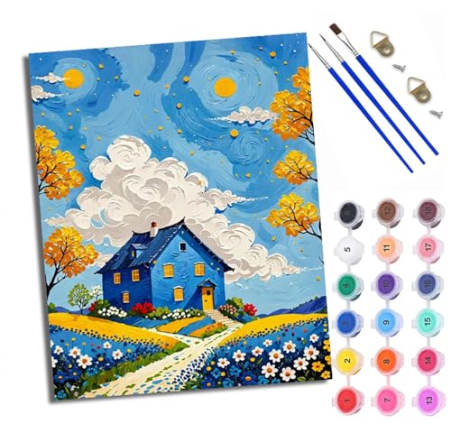WXRWANG Malen Nach Zahlen ErwachseneMondschein-Gartenhaus DIY handgemaltes Ölgemälde Set für Anfänger und Erwachsene Acrylfarbe Kreative Heimdekoration Geschenk Weihnachten von WXRWANG